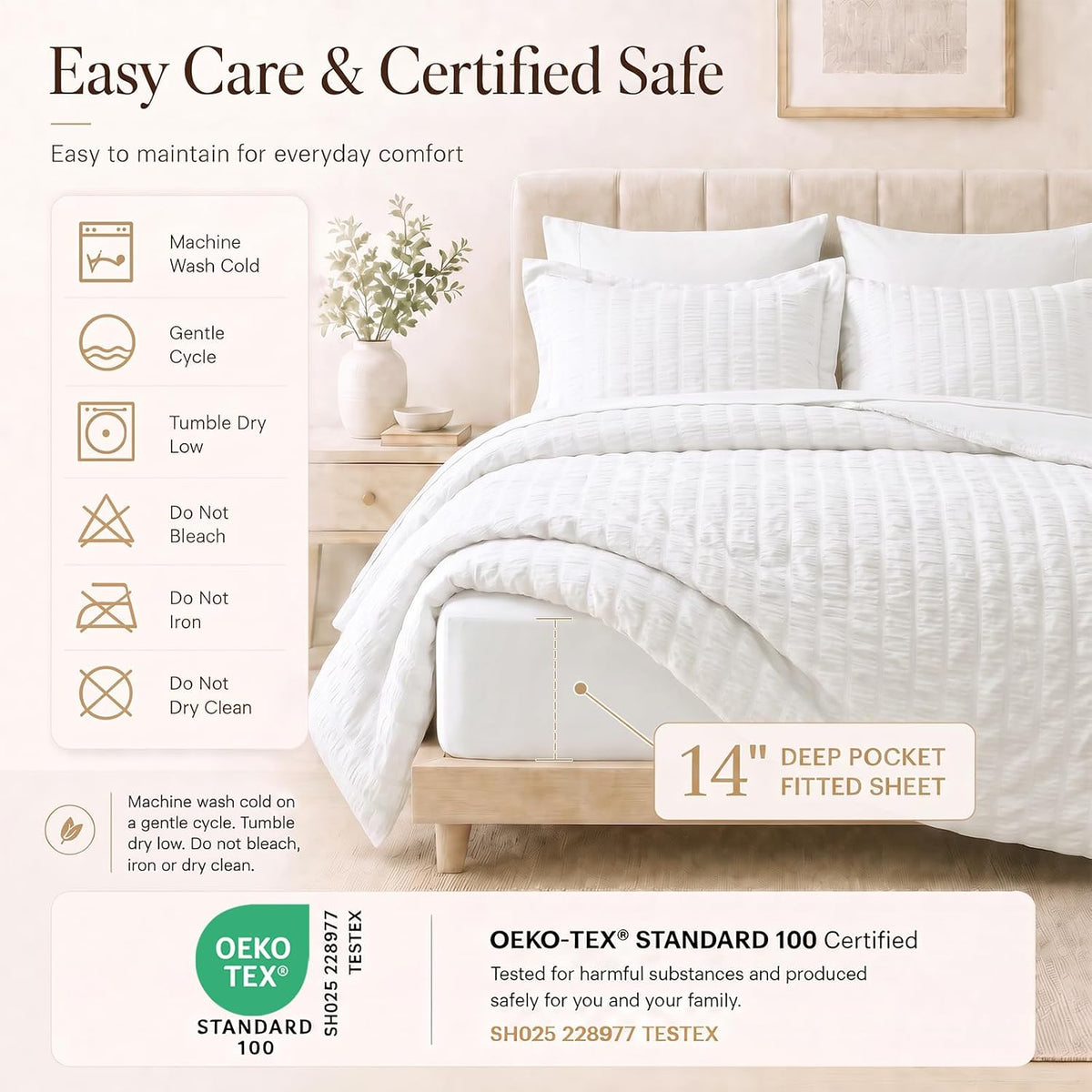 cozylux queen comforter set, 7 pieces white seersucker showing dimensions