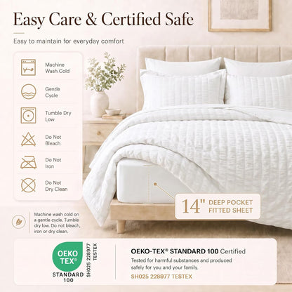 cozylux queen comforter set, 7 pieces white seersucker showing dimensions