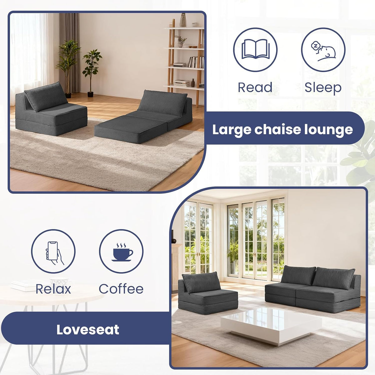 folding sofa bed, convertible sleeper chair with pillow,corduroy, front angle view