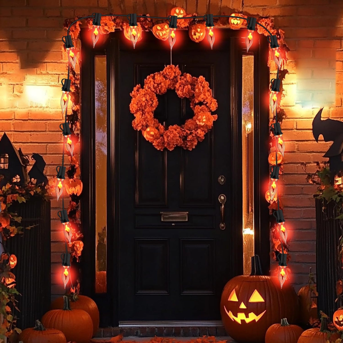 PASUTO 27.8Ft Halloween Decor Lights Flickering Flame String Lights with 25+4 Pack Clear Glass Flame Light Bulbs for Fall Decor Halloween Decorations Indoor Outdoor Home Party Fireplace, E12 Base