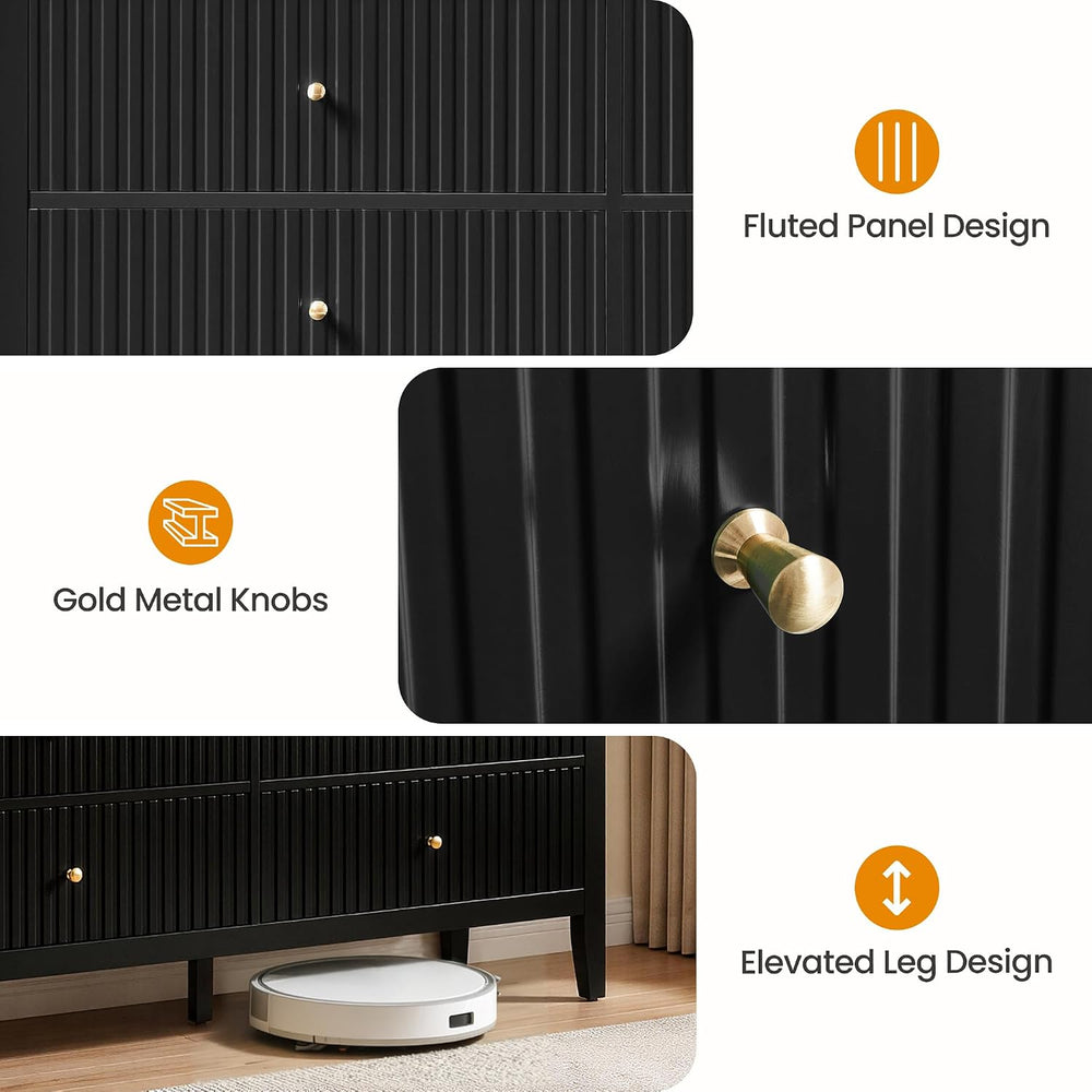 RoyalCraft Black 6 Drawer Dresser, Fluted Dresser for Bedroom