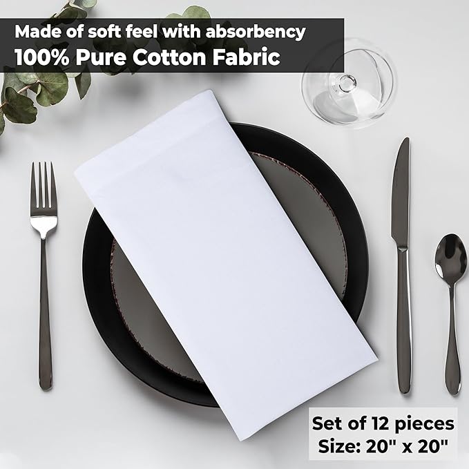 Urban Villa White Cloth Napkins Set of 12 100% Cotton Dinner Napkins Cloths Washable 20”x20” Absorbent Soft Durable Reusable-Ideal for Everyday Use Parties Wedding Thanks Giving Christmas Halloween