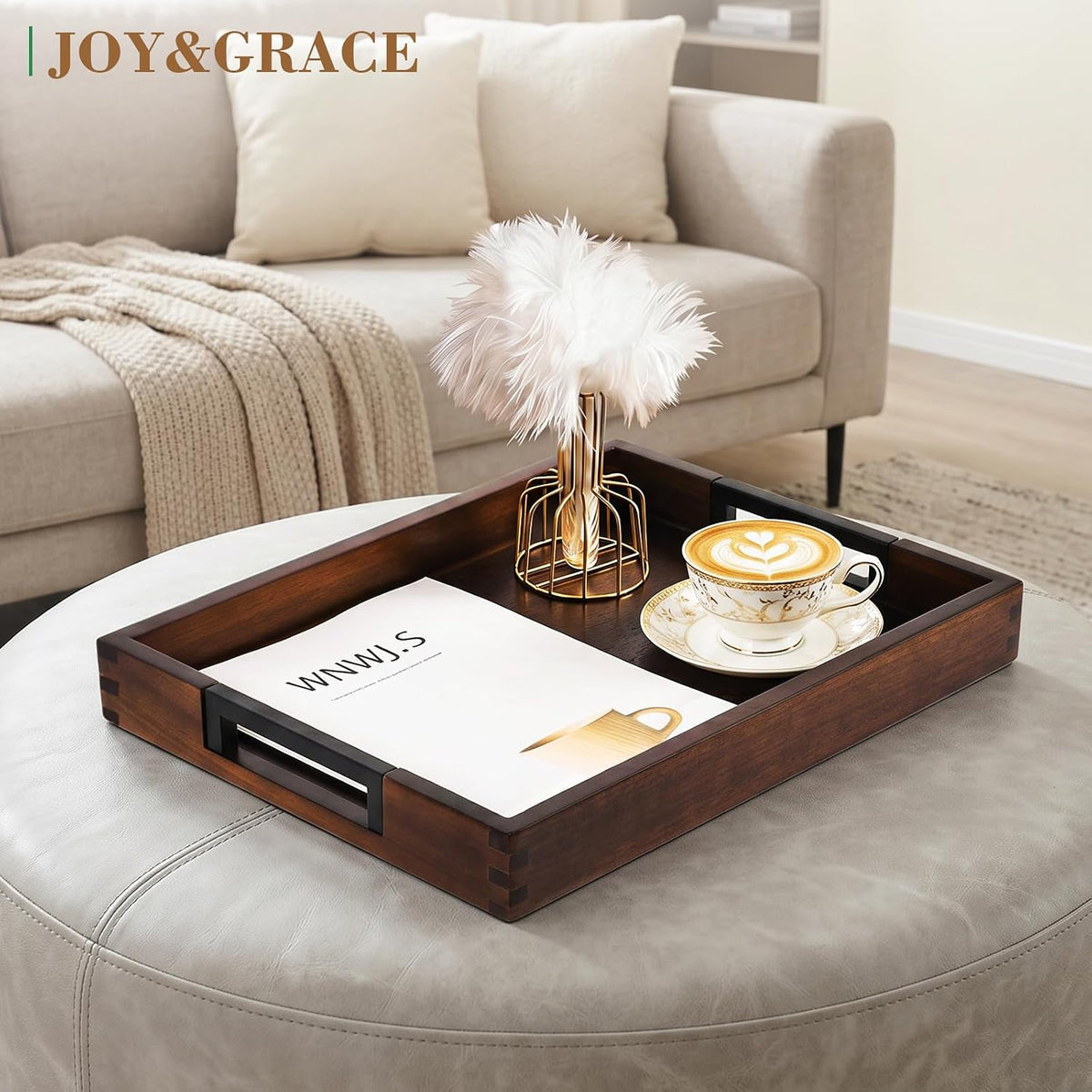 joy&grace acacia wood serving tray with handles 17", side view