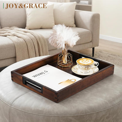 joy&grace acacia wood serving tray with handles 17", side view