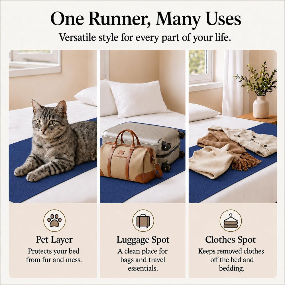 Solid Bed Runner Set,2 Pillow Covers,Navy,82.7x19.7in