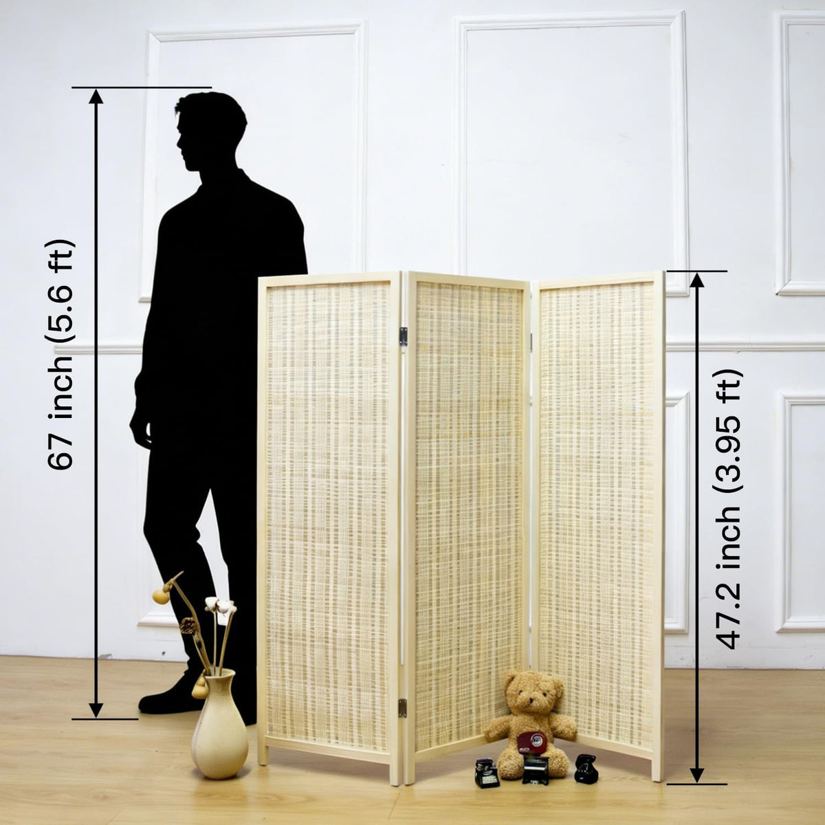 furnnylane 3 panel short room divider screen,beige freestanding shown in use