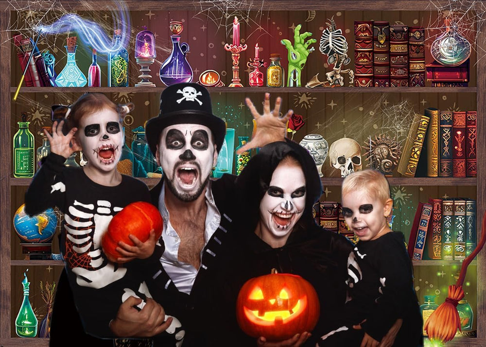 Halloween Magic Potion Shelf Backdrop Bookshelf Spooky Witch Skulls Backgroun...