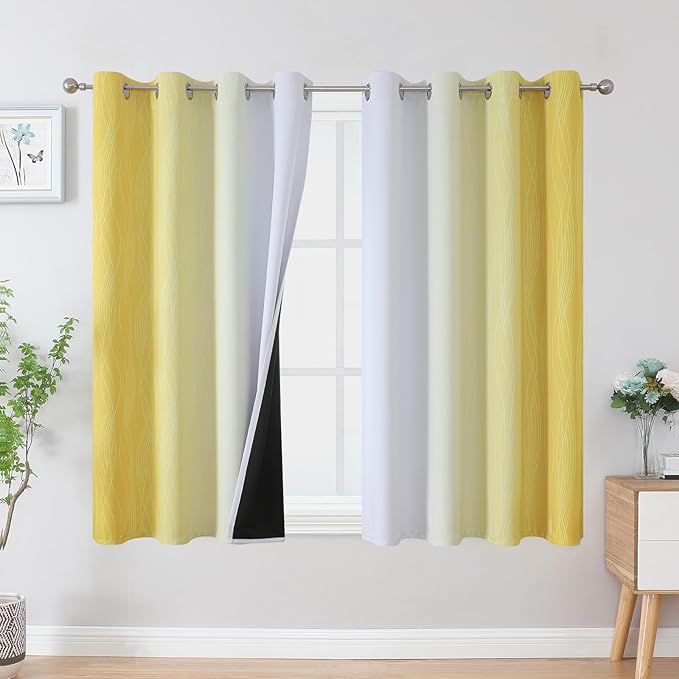 Estelar Textiler Yellow and Greyish White Blackout Curtains 45 Inch Length by ESTELARTEXTILER