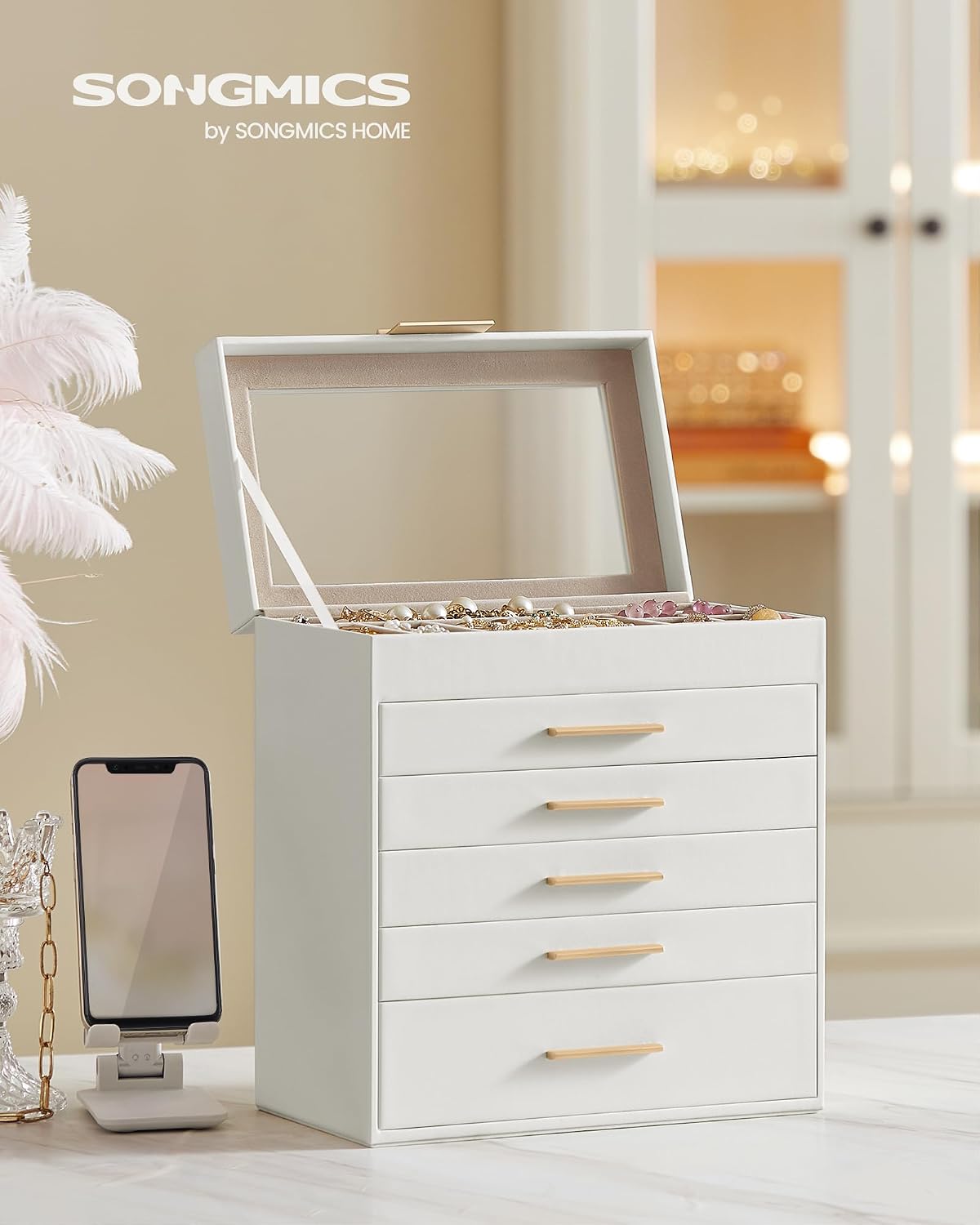 songmics jewelry box organizer, 6-layer storage with 5 shown in use