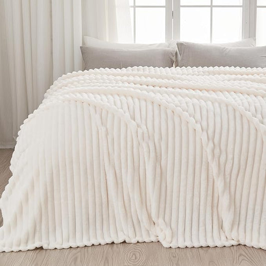 NEWCOSPLAY Super Soft King Blanket Ivory Premium Silky Flannel Fleece 3D Ribbed by NEWCOSPLAY