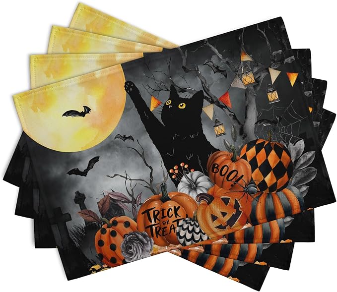 Black Cat Halloween Placemats Set of 4 Spooky Pumpkin Boo Bat Moon Horror Place - Image 2