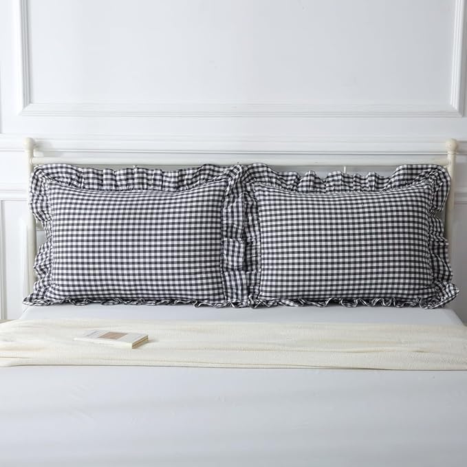 Black/White Plaid Ruffle Pillow Shams King Size Set of 2, Checkered Washed - Image 7