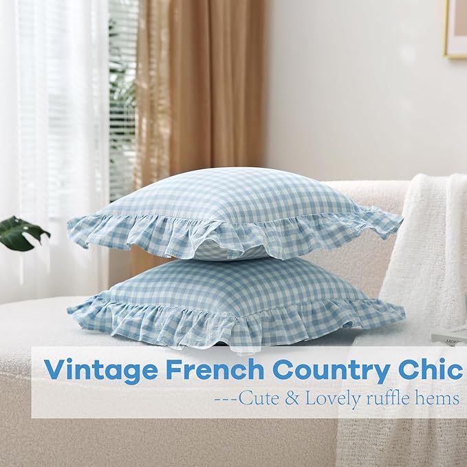 2 Pack Light Blue White Plaid Ruffle Gingham Throw Pillow Covers, 100% Washed - Image 6