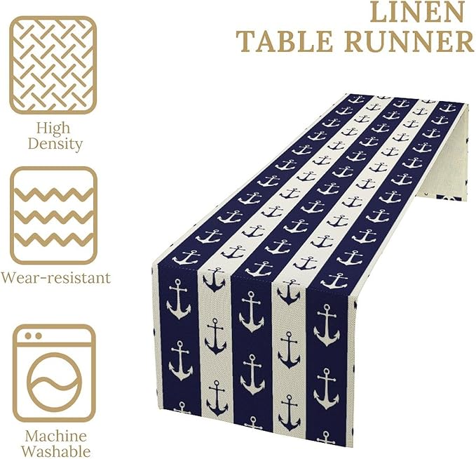 Nautical Anchor Table Runner, Ocean Beach Coastal Beach Stripe Background Theme - Image 6
