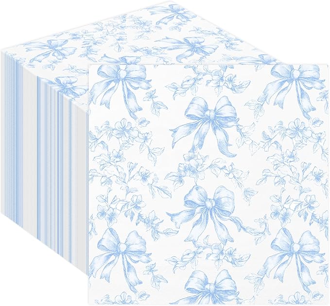 50 Pcs Blue Bow Napkins Coquette Party Supplies Pink Floral Disposable Cocktail by Quera