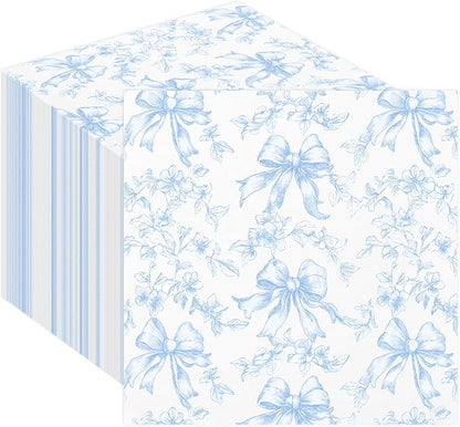 50 Pcs Blue Bow Napkins Coquette Party Supplies Pink Floral Disposable Cocktail by Quera