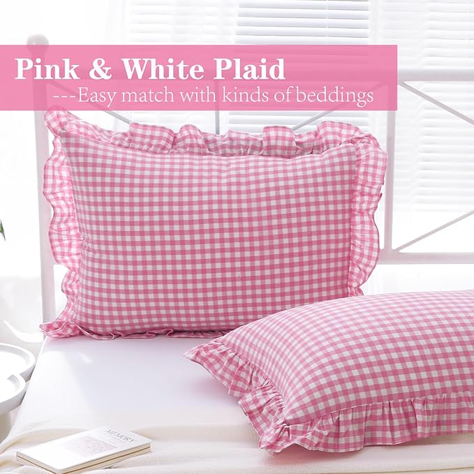 2 Pack Pink and White Plaid Ruffle Gingham King Size Pillow Shams, 100% Washed - Image 2