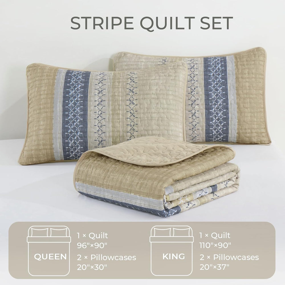 Cottolester Queen Quilt Bedding Set,Beige Blue Patchwork Striped Bedspread