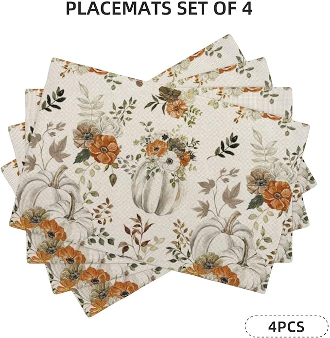 Fall Placemats Set of 4, Pumpkin Maple Leaves Decorative Table Mat 12 x 18 Inch - Image 2