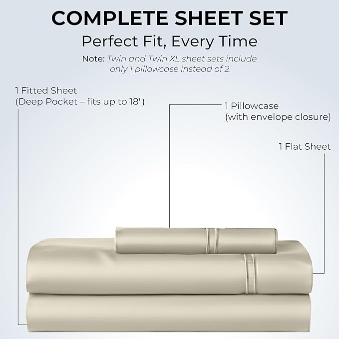 100% Natural Cotton Bed Sheets | 500 TC Single-Ply Sateen Weave Twin Sheets Set - Image 3
