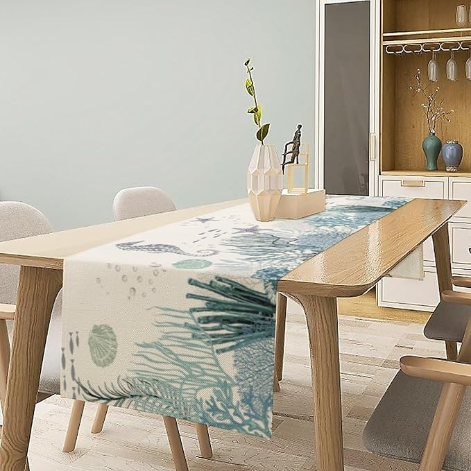 Nautical Coastal Table Runner Vintage Nautical Beach Starfish Seashell Blue - Image 2