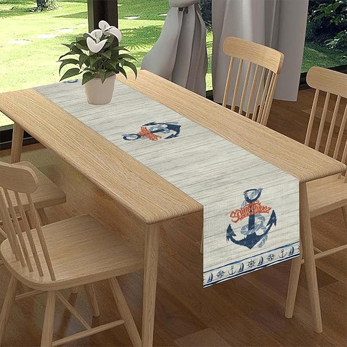 Nautical Anchor Table Runner, Retro Coastal Sailing Ship Anchor Wooden Plank - Image 2