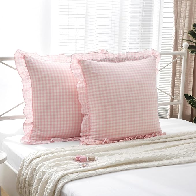 2 Pack Blush Gingham Ruffle Euro Pillow Sham Covers, 100% Washed Cotton Plaid - Image 7