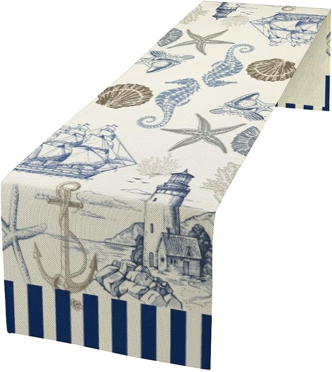Vintage Nautical Sailboat Table Runner Summer Scallops Starfish Ligthouse by moderw