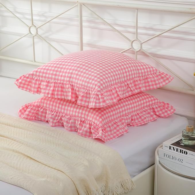 2 Pack Vintage Light Pink Plaid Ruffle Throw Pillow Covers, Washed Cotton - Image 3