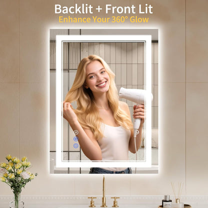 24"x32" led bathroom mirror with lights, anti-fog, backlit shown in use