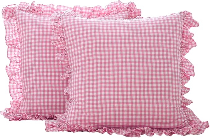 2 Pack Pink White Plaid Gingham Ruffle Euro Pillow Sham Covers, 100% Yarn-Dyed by KMASANIJI