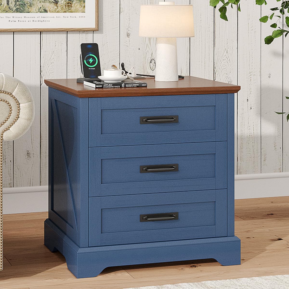 whalefall 3 drawers farmhouse nightstand with charging station, close-up detail