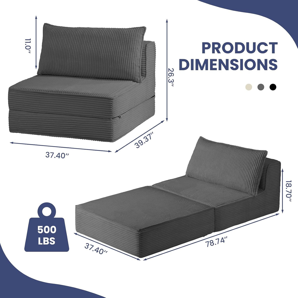 folding sofa bed, convertible sleeper chair with pillow,corduroy, close-up detail