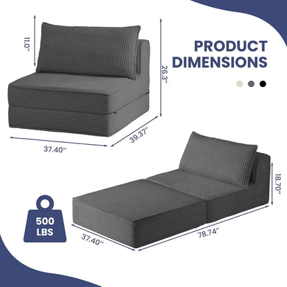 folding sofa bed, convertible sleeper chair with pillow,corduroy, close-up detail