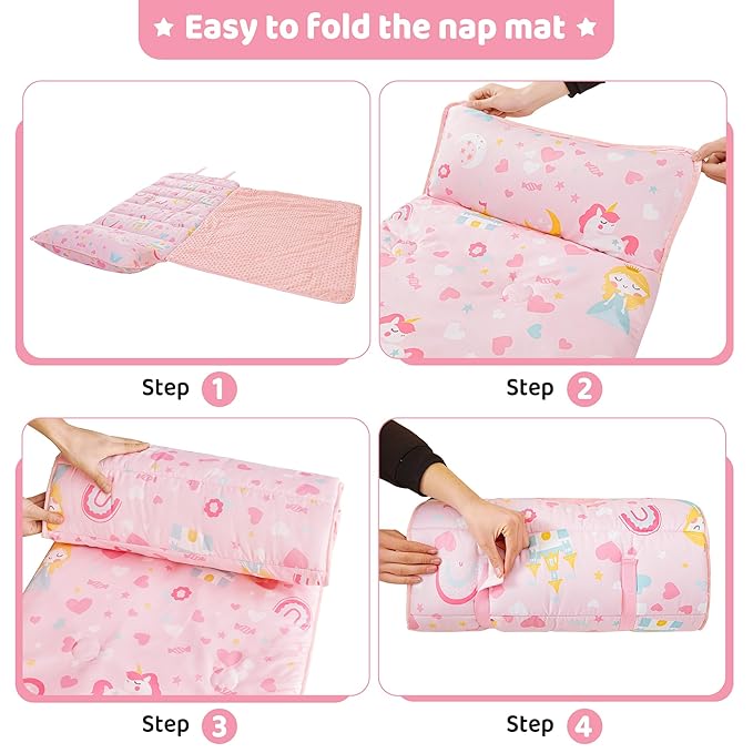Viviland Toddler Kid Nap Mat for Preschool, Girls Pink Princess Daycare - Image 5