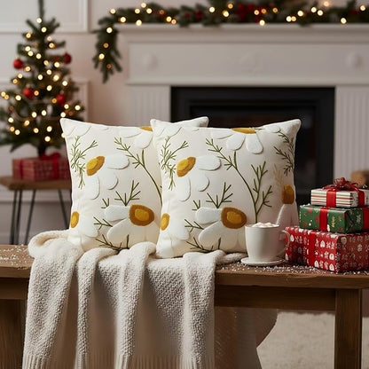 18x18 Embroidered Throw Pillow Covers Set – White Daisy Cotton Decorative - Image 8