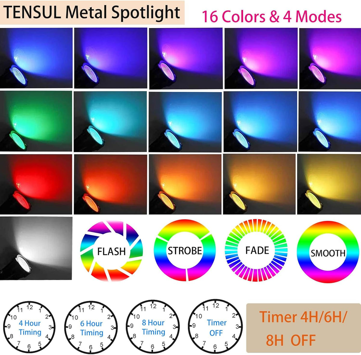 RGB Spot Lights with Timer, Halloween 10W 120V Color Changing Outdoor Metal Case Landscape SpotLights IP65 Waterproof Spotlight with Stake Stand for Yard Garden Lawn Patio, 4 Lights