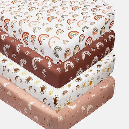 4 Pack Crib Sheets Boho Nursery Sheets Sunshine and Rainbow Desdign Neutral by Jola%27s+House