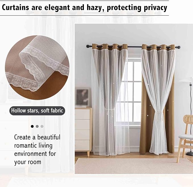 Anytime Romantic Kids Curtain, Hollow-Out Stars Window Curtain Double Layer - Image 7