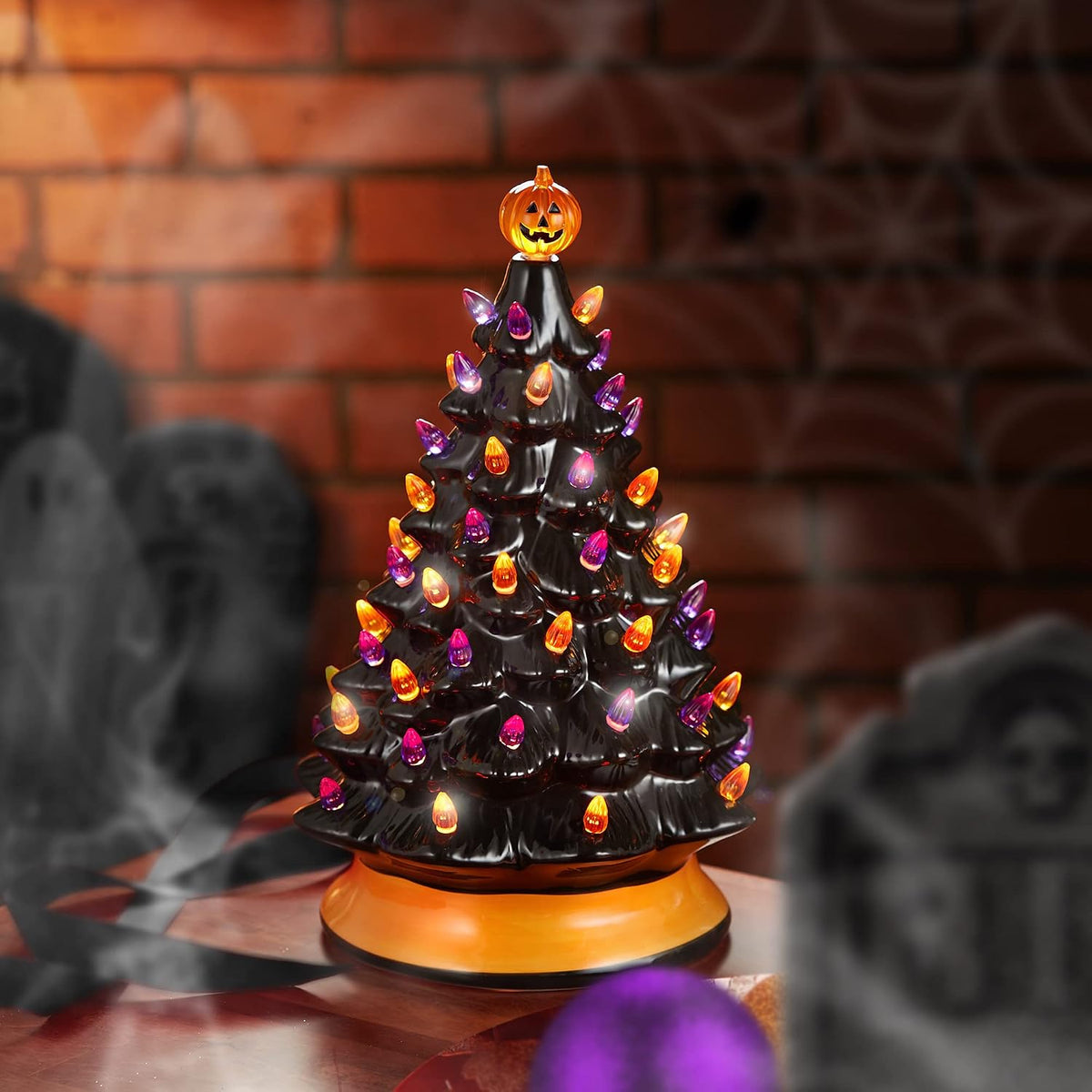 Casafield Hand-Painted Ceramic Halloween Tree, 15-Inch Pre-Lit Decoration with 128 Multi-Color Lights, Jack-O-Lantern and Star Toppers