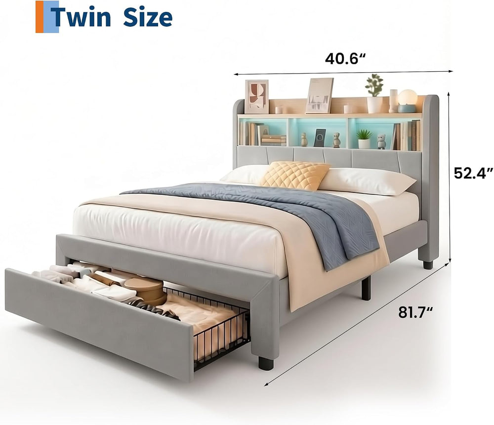 Garvee Twin Size Upholstered Bed Frame with 2 Drawers and LED Lights, Grey
