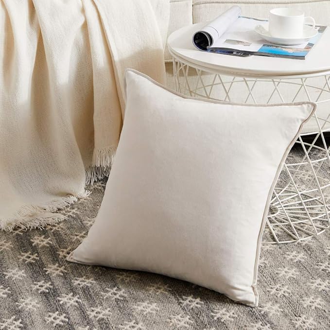 Fancy Homi 22x22 Pillow Covers, Super Soft Faux Suede Square Solid Cream - Image 2