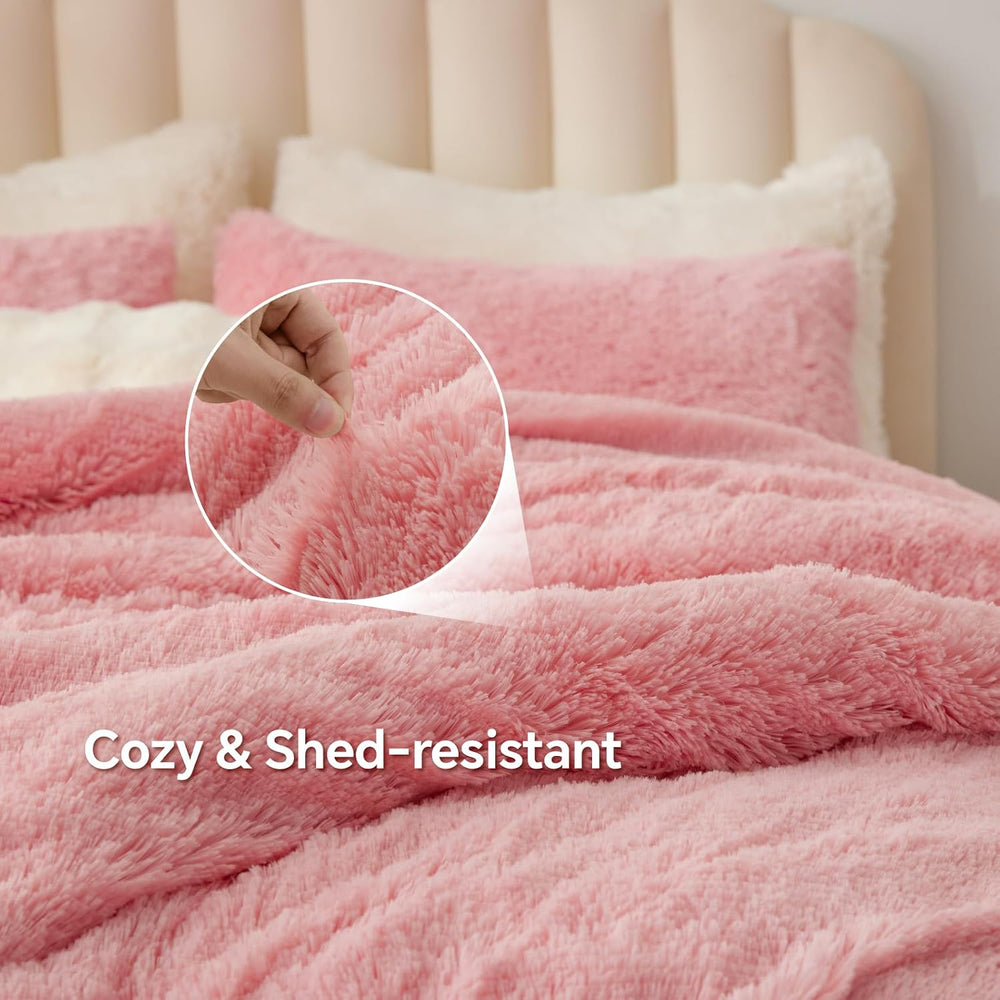 BEDELITE Pink Fluffy Comforter Set Queen, Fuzzy Faux Fur Comforter