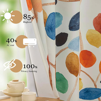 boho colorful leaf floral blackout curtains, watercolor bohemian, close-up detail