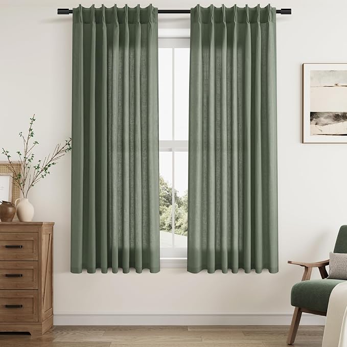 Pinch Pleated Olive Green Semi Sheer Curtains 63 Inch Length Linen Textured - Image 7