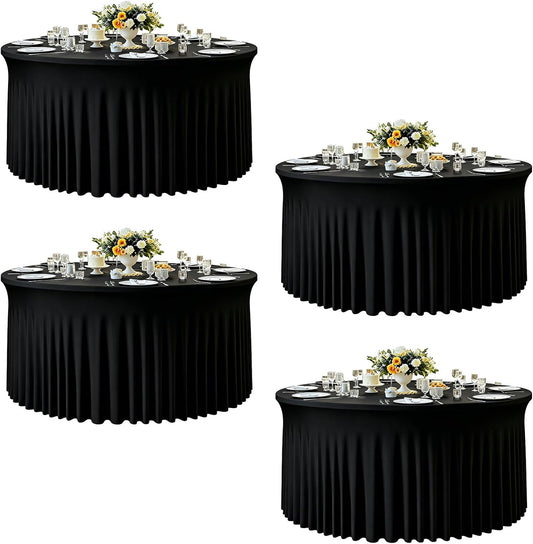 4 Pack 132 Inch Black Round Tablecloth, Fitted Tablecloths for 6FT Round Tables, Spandex Table Cover with Table Skirt for Wedding Photography Party Professional Events Halloween Decoration Indoor