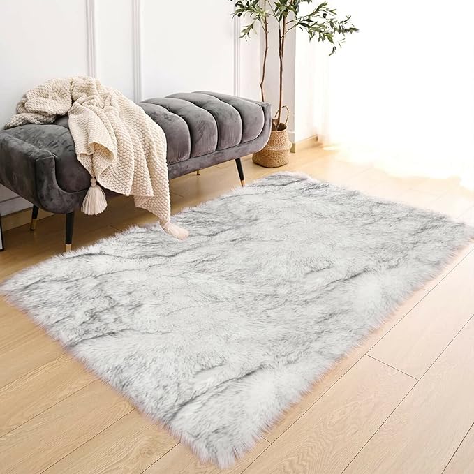 Latepis White with Grey Tips Sheepskin Rugs 4x6, Faux Fur Rug - Image 7