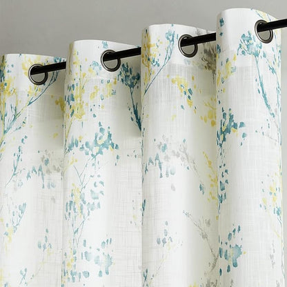Tree Semi Sheer Curtains for Living Room Bedroom Teal Yellow and Grey Branch on - Image 8