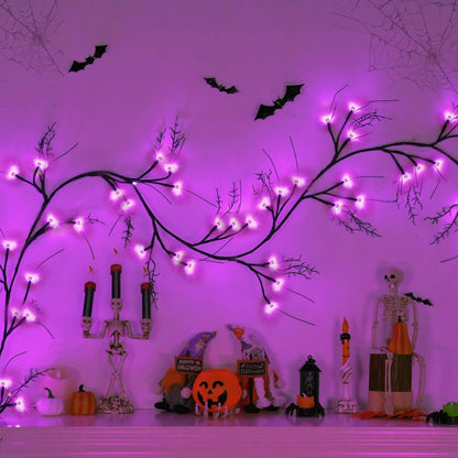 Couah [8 Modes & Timer] 9 Ft 72 LED Halloween Willow Vine Twig Garland with Purple Lights Battery Operated Indoor/Outdoor Wall Fireplace Mantle Halloween Decorations