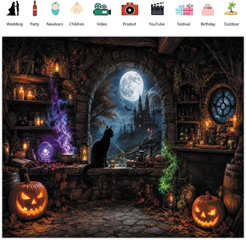 10x8ft Halloween Magic Moon Night Witch Cat Castle Photography Backdrop